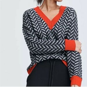 Rag & Bone Biata Black & Red Trim Chevron Sweater